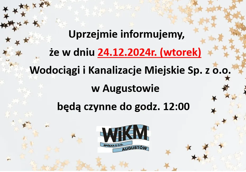 informacja że w dniu 24.12.2024 roku biuro będzie czynne do 12:00